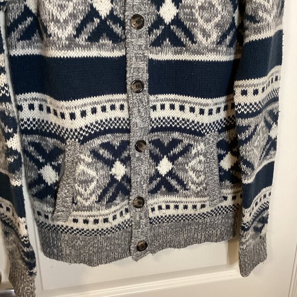 Burnside Men's Acrylic Cardigan Knit Sweater Size L Pockets Grandad Cowl Neck - Picture 3 of 8